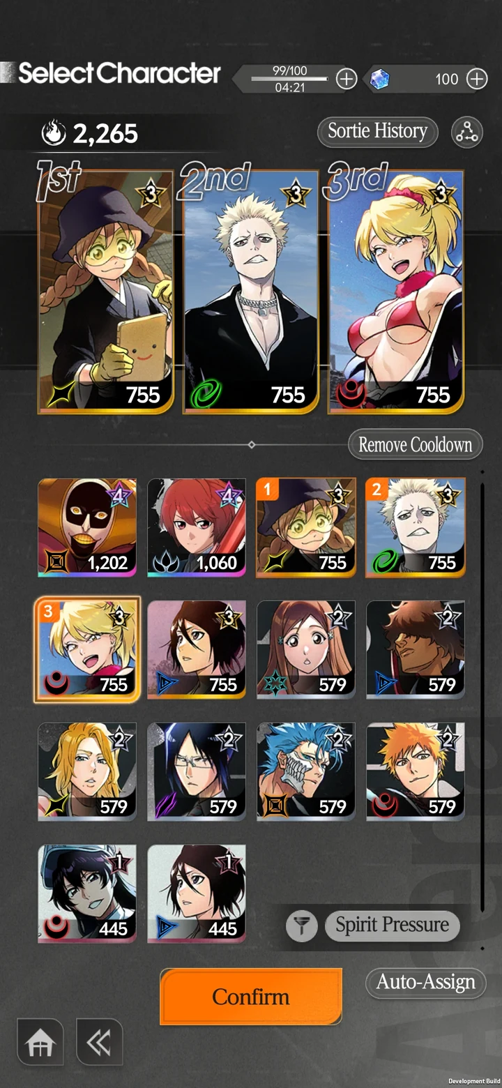 Official development preview of the Arena character-selection screen with three slots and Confirm