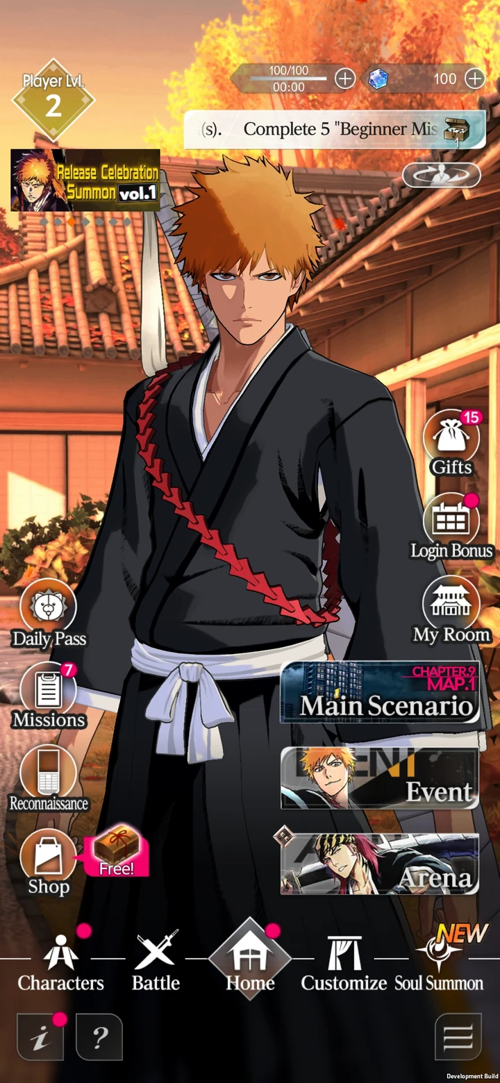 Official development home-screen preview showing separate Main Scenario, Event and Arena entries
